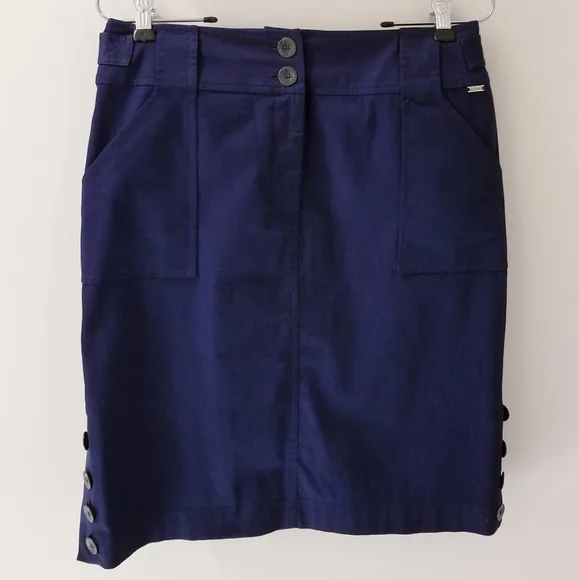 St. John 2012 Resort Collection 100% Cotton Navy Blue Side Button Skirt Sz 4 - Picture 6 of 12